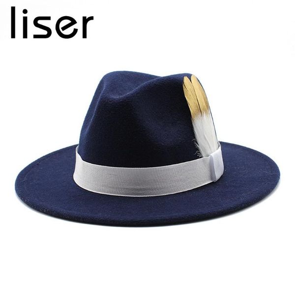 

liser зима женщины fedora джаз стиль женские шапки шерстяные большой брим декоративные перья мода пром открытый высокого качества, Blue;gray
