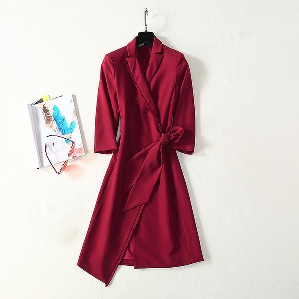 

fashion 2020 women's elegant tassel turn-down collar 3/4 sleeve lacing wire red split asymmetrical dress1, Black;gray