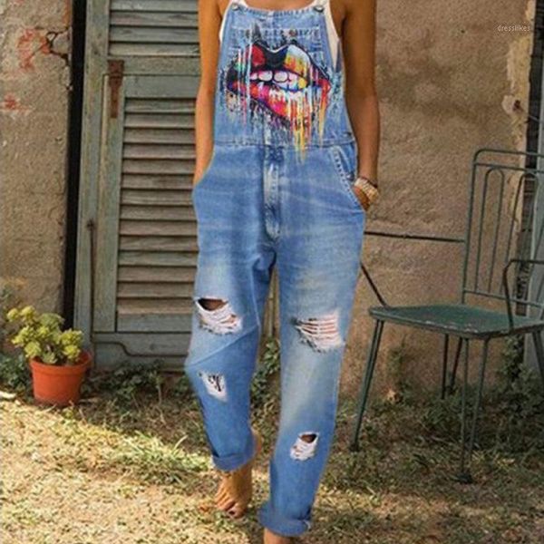 

women's jeans weppel washed printed women's street trendy denim pants women overall mid-waist loose printing jeans1, Blue