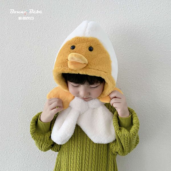 

south korea's same children's scarf one warm plush boys' and girls' ear protection cap duck baby winter hat, Red;brown