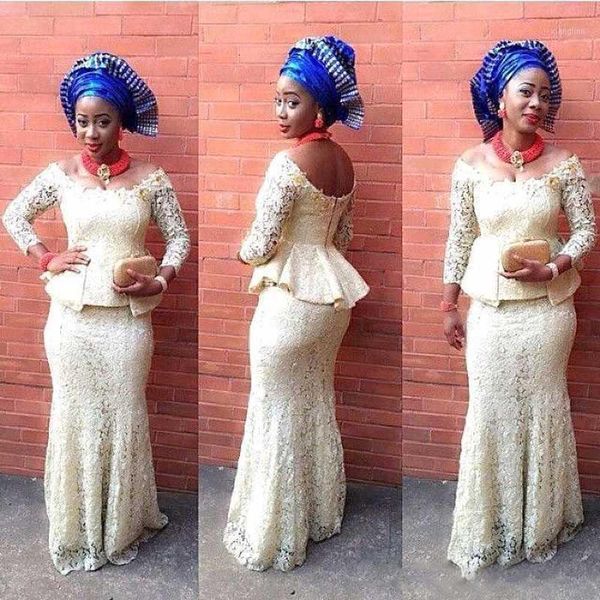Partykleider 2021 Spitze Abendkleid Meerjungfrau Nigeria Stil Mode Formelle Kleidung Sweep Zug Schulterfrei Afrikanischer Abschlussball Plus Größe1
