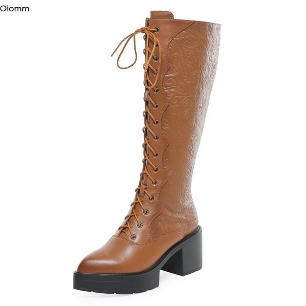 

boots olomm women winter leather mid calf platform square high heels pointed toe brown black shoes plus us size 4-10