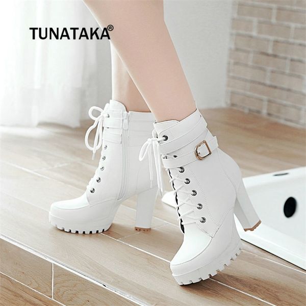 

chunky high heels women ankle boots lace up fall winter platform ladies boots large size fashion shoes white black brown lj201030