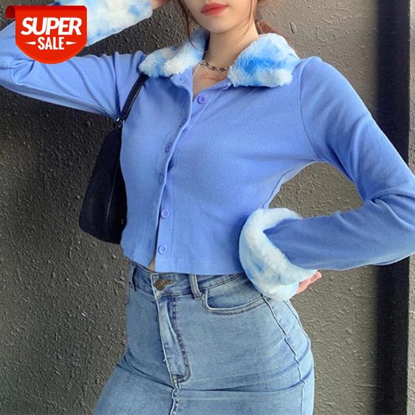 

Women Blouses Furry Turn-down Collar Buttons Cardigan Long Sleeve Knit Blouse Crop Top woman fashion 2021 ropa de mujer #it6R, White