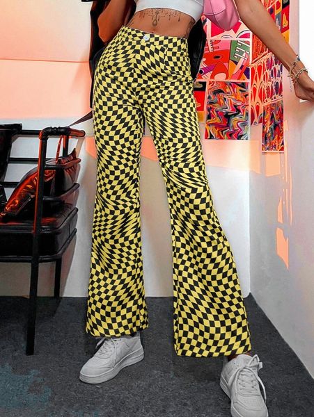 

high waist checkered print flare leg pants g53n#, Black;white