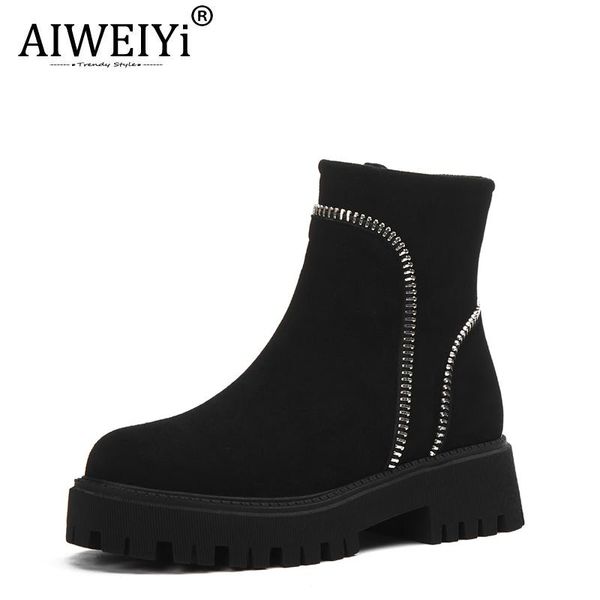 

boots aiweiyi women round toe thick heels ankle for genuine leather winter platform warm casual shoes footwear, Black