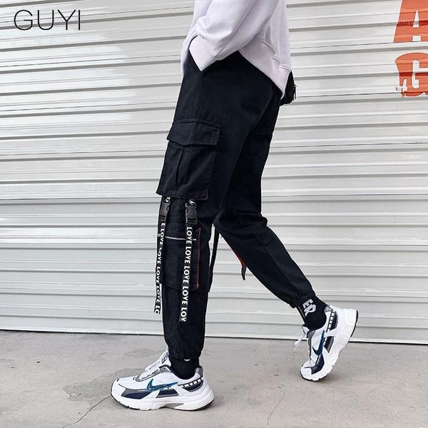 

ribbons hip hop joggers cargo pants for men pockets casual pencil pants male trousers sport track streetwear love letter retro1, Black