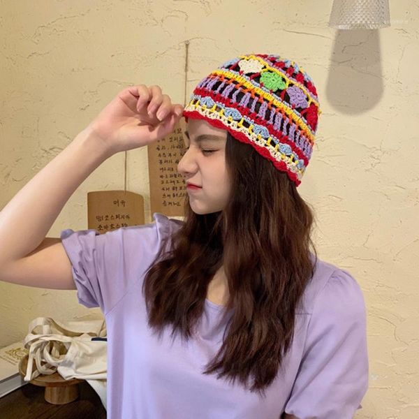 

new female all seasons colorful cotton knit handmade hollow hat bohemian style cute flower hat retro sketch beret beanie hats1, Blue;gray