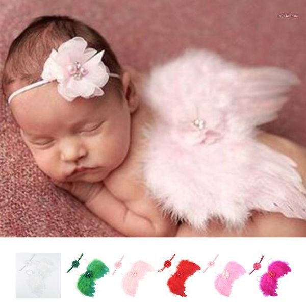 

baby newborn solid color angle feather wing and flower headband pgraph prop suit infant clothes suit baby p props wing1, Slivery;white