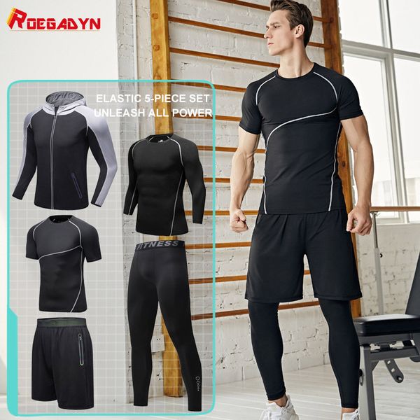 

running sets roegadyn 5 pcs/set sportswear fitness men's tracksuit quick dry compression suit gym set sports for men, Black;blue