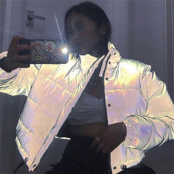 

reflective gray zipper oversized women jackets long sleeve button loose thick cropped jacket streetwear coat winter y201012, Black;brown
