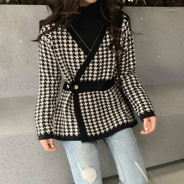 

2020 spring autumn v neck single button elegant women sweater slim waist long sleeve plaid knitted cardigan out wear1, White
