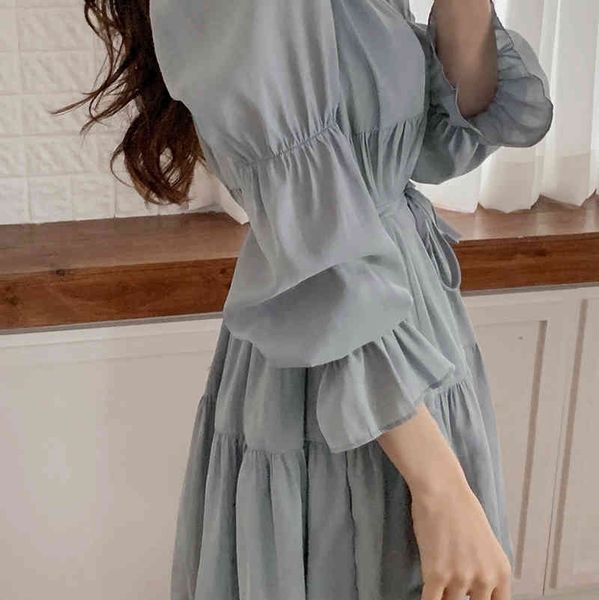 

Elegant Gentle Dress Woman Spring Korean Ins Solid Round Neck Tie Pleated Ruffled Loose Female Short Dresses, Black;gray