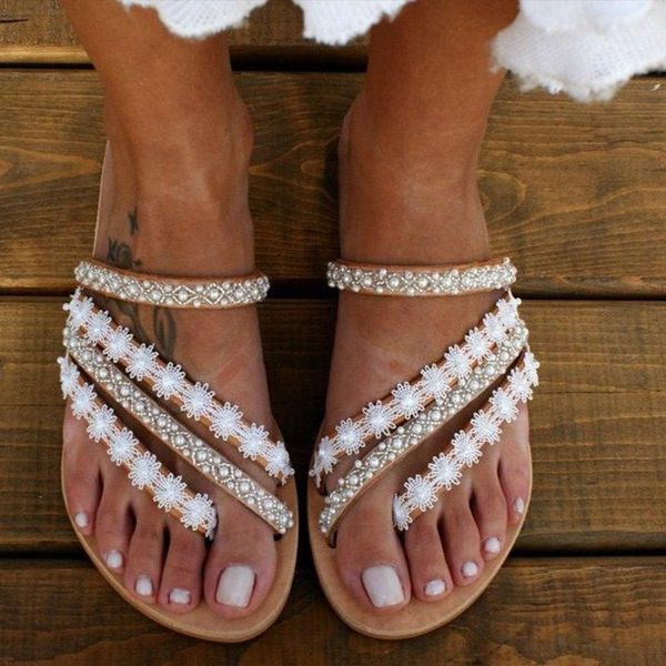 

slippers women clip toe pearls appliques female flip flop flat sandals ladies flower summer shoes beach fashion woman1, Black