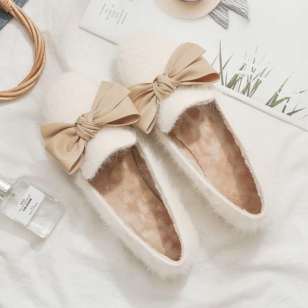 

brand 100% natural fur women flat shoes new fashion women casual loafers plus size winter shoe slip-on butterfly-knot, Black