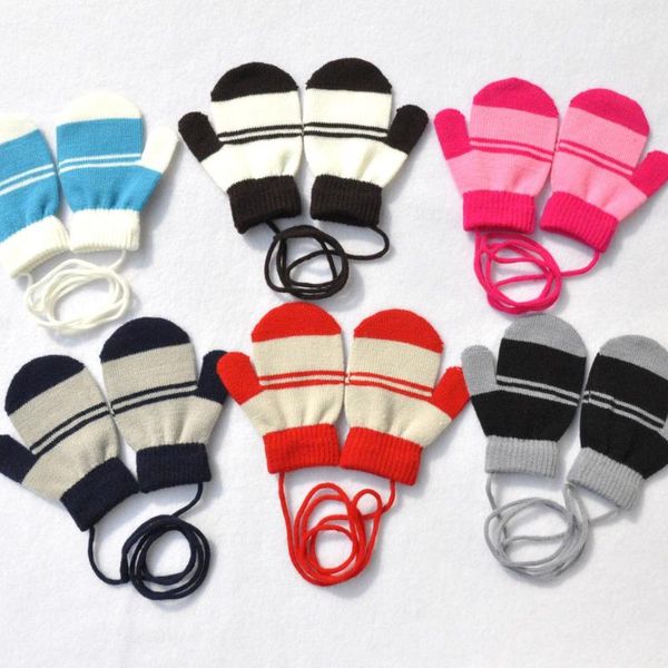 

five fingers gloves children winter warm multicolor striped knitted cute with string de femmes mittens 8.13, Blue;gray