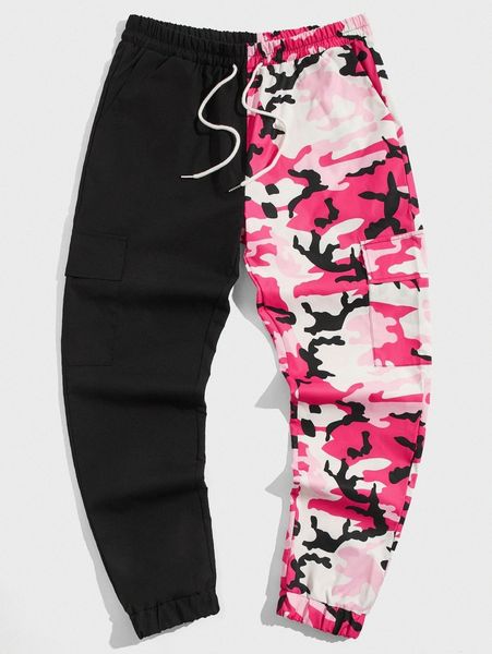 

romwe guys colorblock camo pants a5ni#, Black