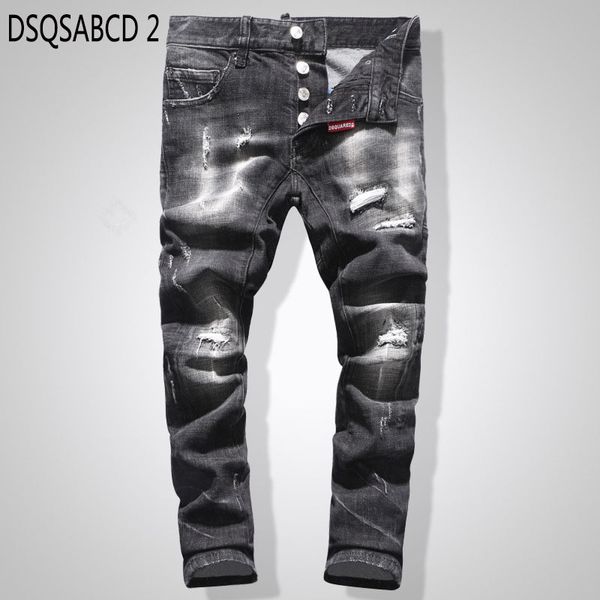 

european american famous brand men's slim straight zipper pencil pants black punk style hole jeans for men, Blue