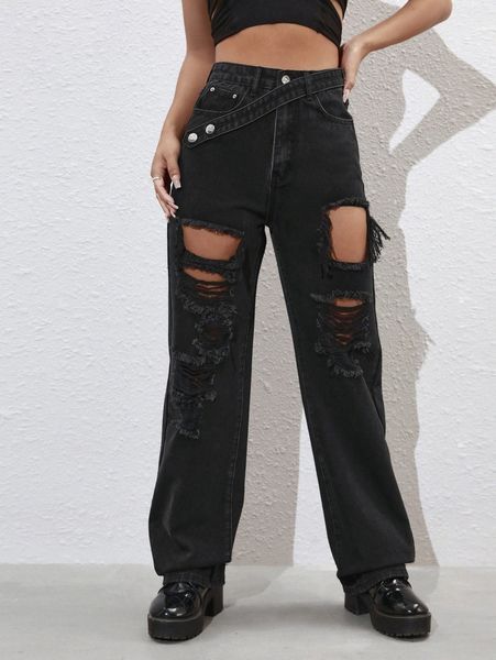 

high waist ripped cut out jeans a0hz#, Blue
