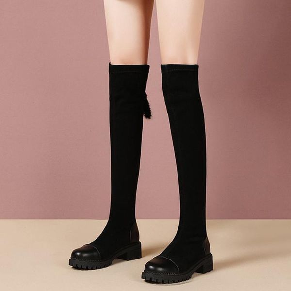 

fashion black flock over the knee boots women winter warm plush plus size booties woman soft bottom low heel botas mujer