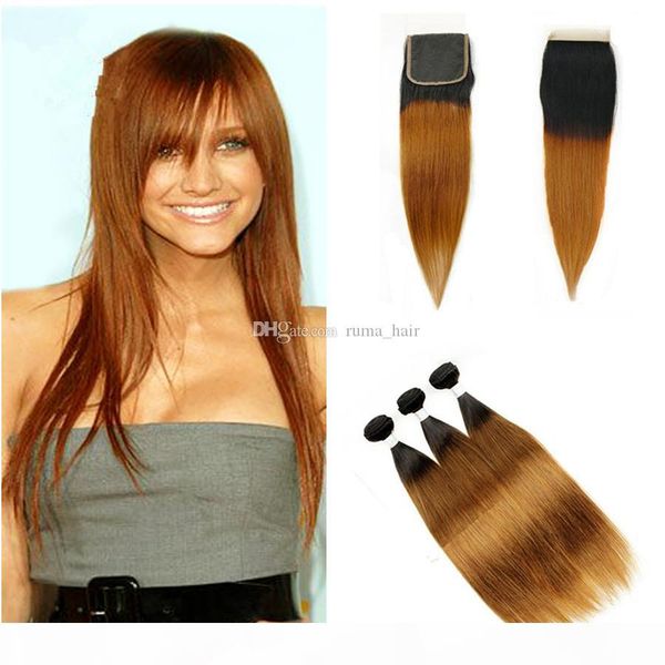 

dark root light auburn human hair t1b 30 straight ombre hair with lace closure peruvian virgin hair bundles with 4*4 closure, Black;brown