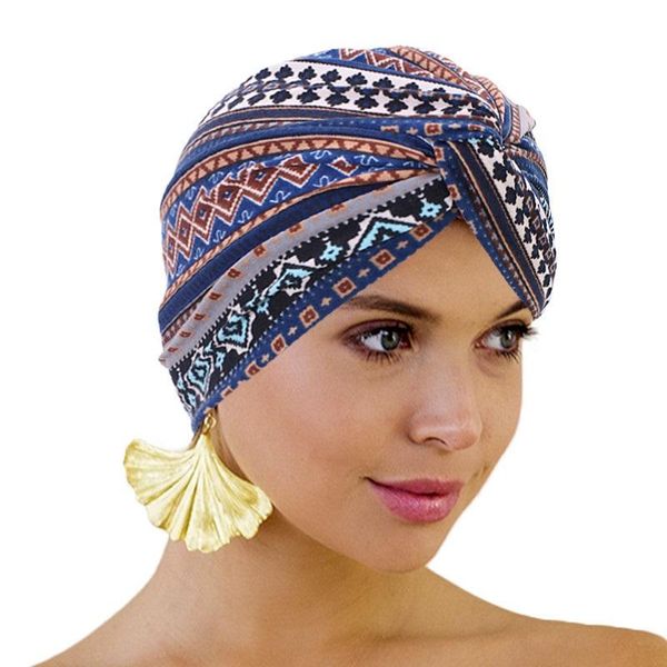 

New Fashion Women Elephant Floral Cotton Knotted Turban Hat Scarf Cancer Chemo Beanies Cap Head Wrap Headwear Hair Accessories, Blue;gray