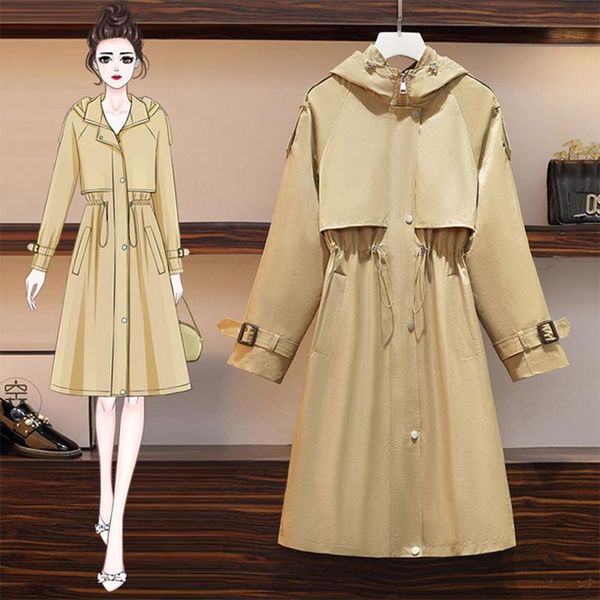 

plus size 4xl hooded long sleeve women trenches high waist drawstring zipper female long coats epaulet buttons korean lady coat, Tan;black