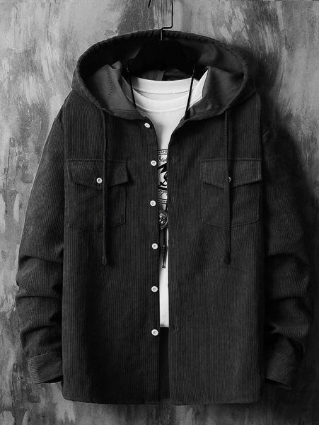 

romwe guys 1pc solid button front pocket drawstring corduroy shirt y41a#, White;black