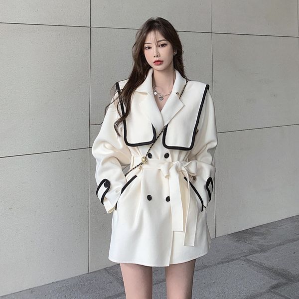 

jacket women's middle long autumn winter 2020 new temperament bandage waist double breasted foreign style woolen coat fashion, Black