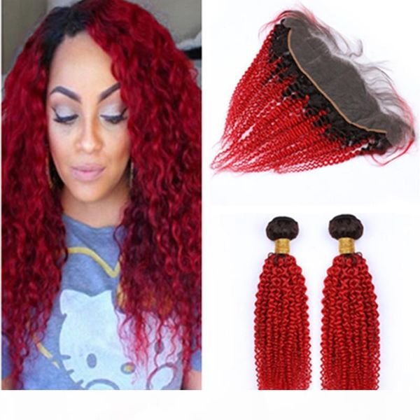 

#1b red ombre kinky curly peruvian virgin hair weave wefts with frontal 2bundles ombre bright red human hair wefts with 13x4 lace frontal, Black;brown