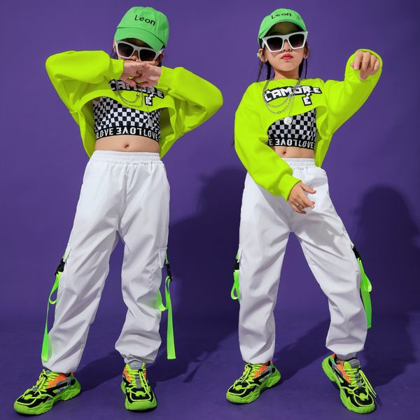 

childrens hip-hop dance costume kids fluorescent green suit girls jazz dance show wear performance outfits street wear bi149, Black;red