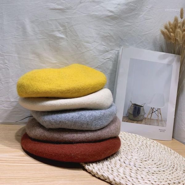 

caps & hats children hat 2021 autumn and winter girls pure colored wool beret toddler fashion pumpkin little kids hood cap1, Yellow