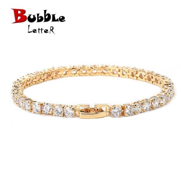 

iced zircon tennis chain bracelet men's hip hop jewelry copper material gold color box clasp cz bracelet link 18.5cm 200928, Black
