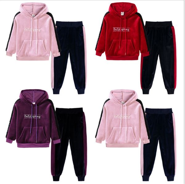 

3 color baby girls tracksuit spring autumn gold velvet suits child long-sleeved hooded sweater pants two pieces outfits sports suits g12803, Blue;red