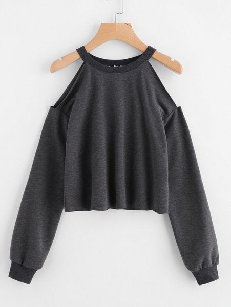 

open shoulder raw hem heathered pullover 70qd#, White;black