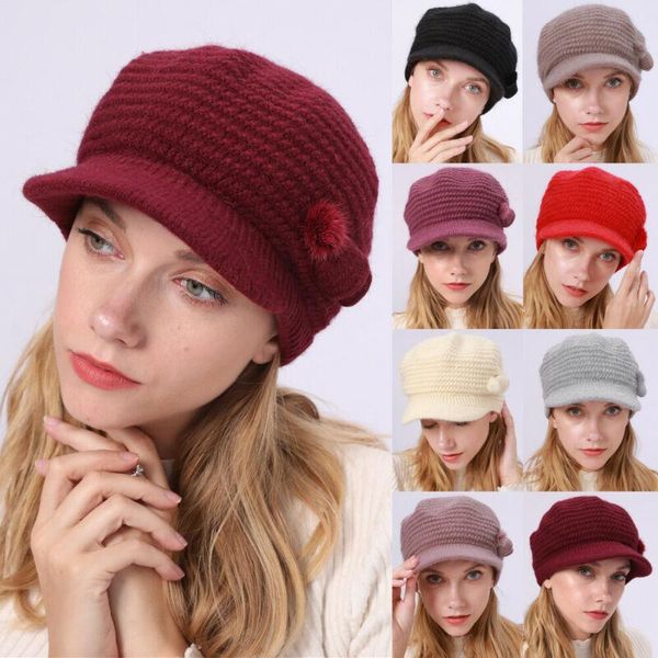 

women beret hat ladies winter knitted crochet slouchy knit bow pompom wool baggy ski cap, Blue;gray