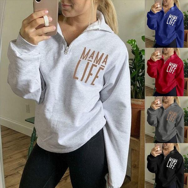

women zipper pullovers sweatshirt 2020 fashion mama life letter printed v neck hoodies autumn outdoor long sleeve sportwear, Black