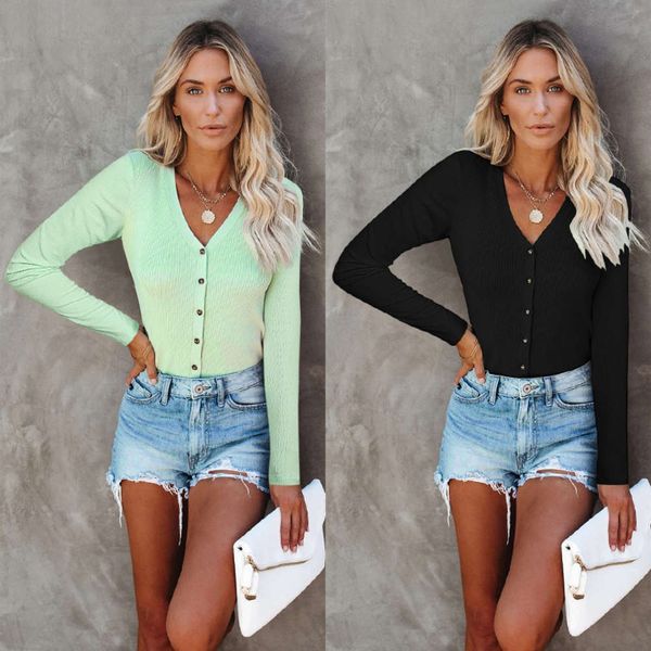 

2020 women's casual slim solid color v-neck shirt long sleeve top, White