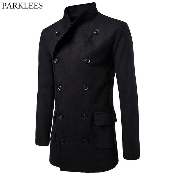 

men's double breasted long trench coat 2020 autumn winter longline woolen pea coat men brand slim fit overcoat windbreaker black