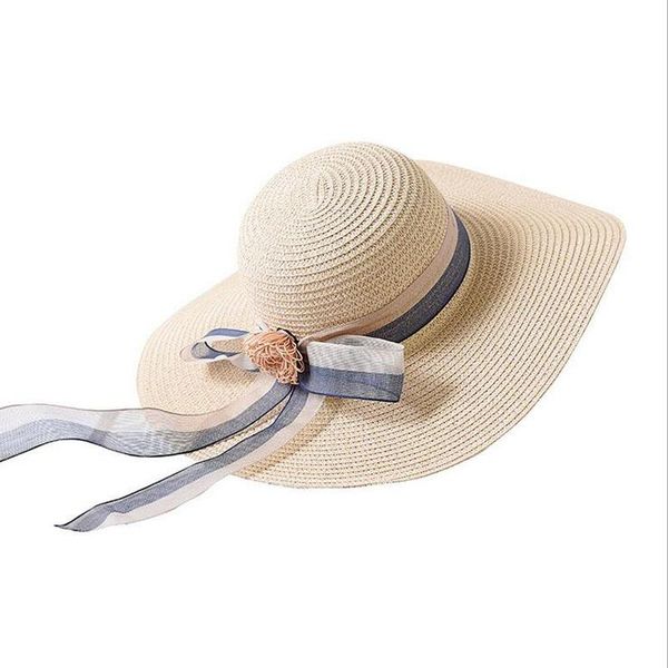 

new summer women floppy straw sun hat with lace bow wide large brim foldable caps fashion beach uv protection hats, Blue;gray