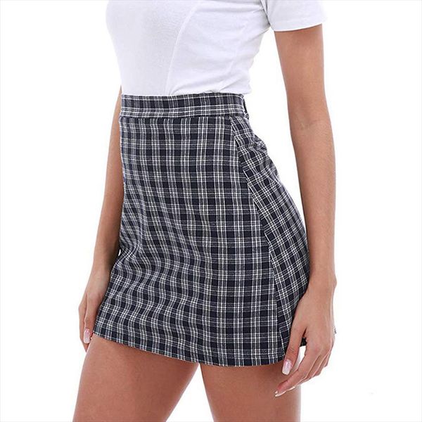 

female high waisted vintage plaid cotton mini skirts school girl zipper black check print short skirts mujer yj