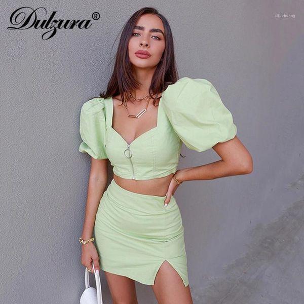 

dulzura puff sleeve women two piece set crop mini skirt slit bodycon 2020 summer clothes co ord elegant party outfit1, Gray