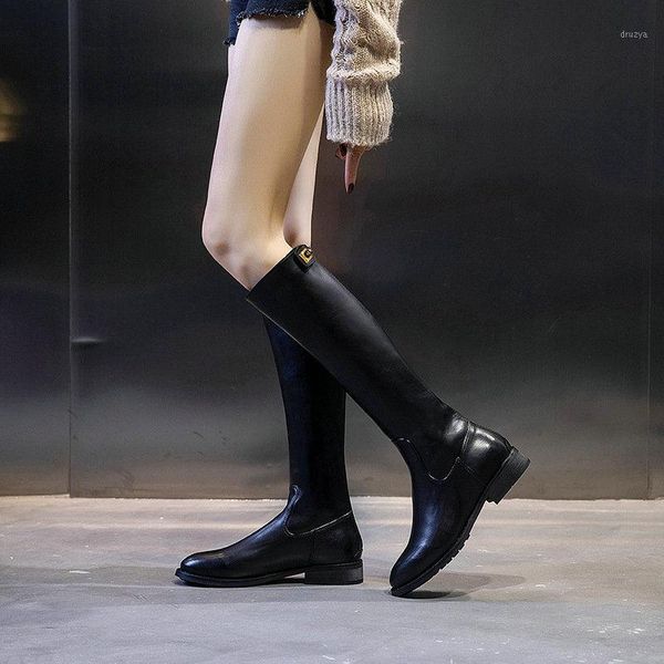 

brand fashion ladies knee high boots autumn soft leather square heel woman shoes winter zipper round toe long boots b23-241, Black