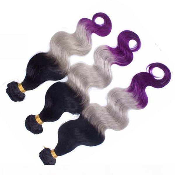 

black roots grey and purple ombre malaysian human hair weaves double wefts body wave #1b grey purple 3tone ombre human hair bundles deals, Black;brown