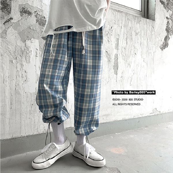 

8tqrc клетчатые брюки случайные шнурок щиколоток тонкие летние брюки подвеска мужские и брюки кулон прямой трубки рыхлый широкую ногу jtasd, Blue