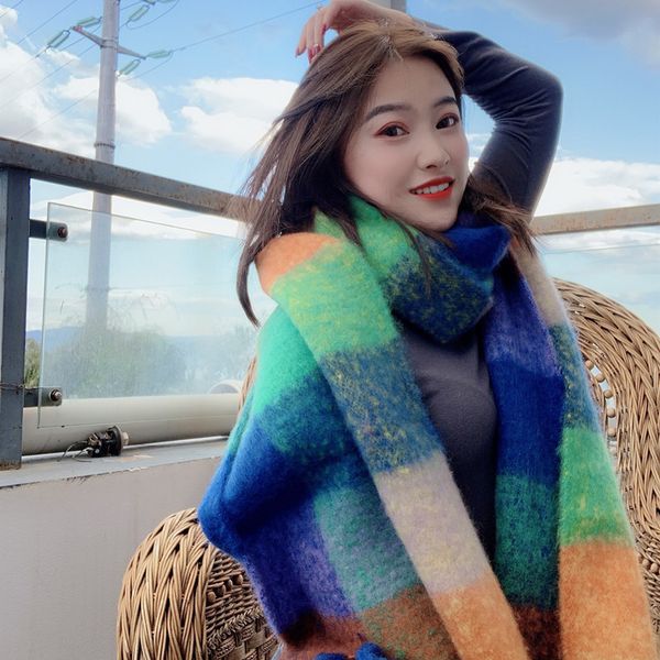 

net red same rainbow plaid tassel scarf for women's winter korean version, Blue;gray