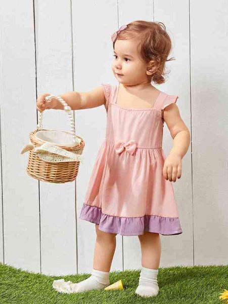 

baby contrast ruffle hem bow front dress she, Red;yellow