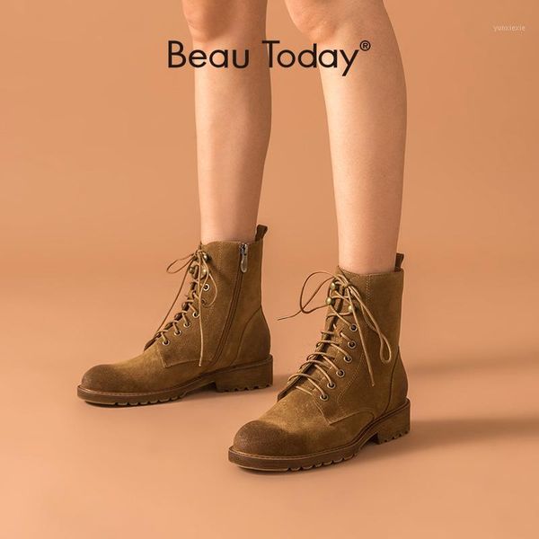 

beautoday ankle boots women cow suede leather side zip lace-up waxing round toe winter lady fashion shoes handmade 038131, Black