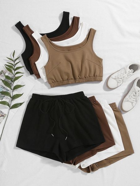 

4pcs elastic hem tank & 4pcs drawstring waist shorts 50wm#, White