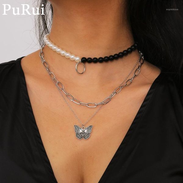 

pearl beads chain butterfly necklace for women 3pcs/set black acrylic beads statement circle pedant choker necklace charm1, Silver